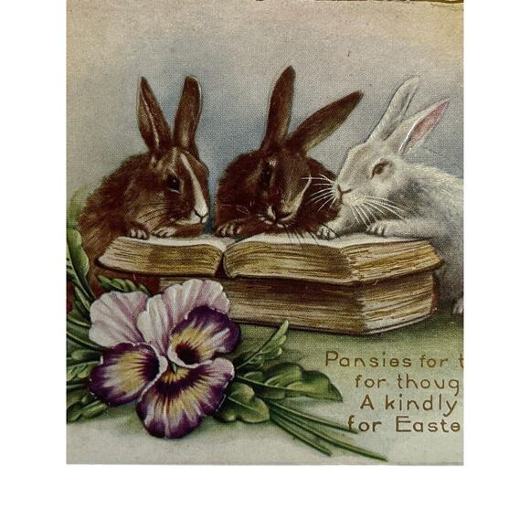 Antique Early 1900s Ephemera Easter Greetings Postcard Bunny Rabbits Pansies SEE - Picture 1 of 8